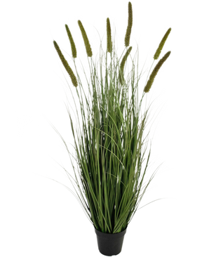 La maceta de hierba de cebolla de cola de gato artificial retardante de fuego de 120 cm es una hierba ornamental en una maceta con hojas verdes largas y delgadas y múltiples cabezas de semillas altas y verticales, sobre un fondo blanco liso.