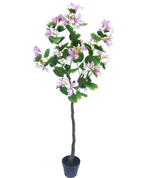 La Planta Artificial Judas 150 cm es una planta artificial en maceta con hojas verdes y numerosas flores de color rosa claro sobre un fondo liso blanco.