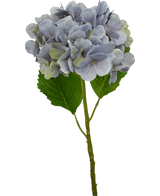 Un único tallo lila de Hortensia Artificial Deluxe de 57 cm con pétalos de color violeta claro y dos grandes hojas verdes, aislado sobre un fondo blanco.