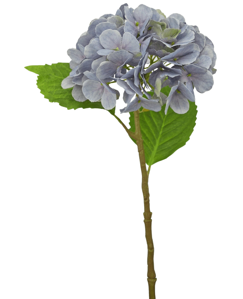 La Hortensia Artificial Deluxe 55 cm violeta tiene un único tallo violeta claro con pétalos redondeados y dos hojas verdes, sobre un fondo blanco.