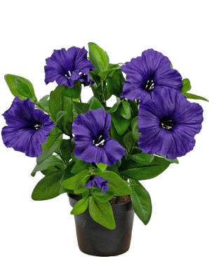 Una planta de petunia con flor artificial UV de 25 cm en color violeta con exuberantes hojas verdes, expuesta en una maceta sobre un fondo blanco liso.
