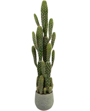 El cactus artificial de 100 cm tiene brazos altos, verdes, verticales y con crestas, en una maceta redonda de color gris sobre un fondo blanco liso.