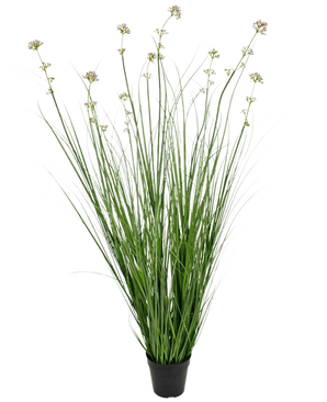 La maceta de césped artificial con retardante de fuego de 120 cm con flores de puerro y cebollas tiene largas hojas verdes parecidas a la hierba y tallos largos con racimos de flores de color violeta claro, perfectos para agregar vegetación realista a cualquier espacio.