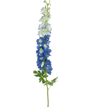 La Flor Artificial Delphinium 105 cm azul tiene un único tallo largo con flores de color blanco azulado y hojas verdes, sobre un fondo blanco liso.