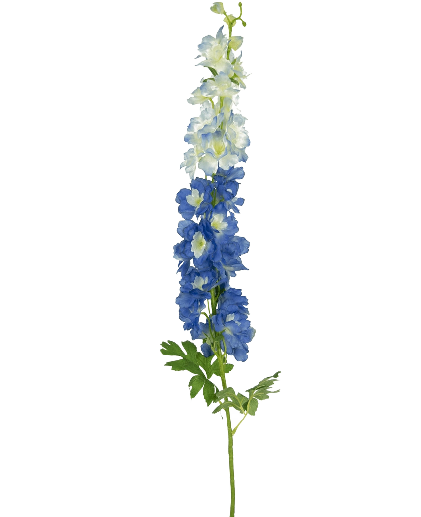 La Flor Artificial Delphinium 105 cm azul tiene un único tallo largo con flores de color blanco azulado y hojas verdes, sobre un fondo blanco liso.