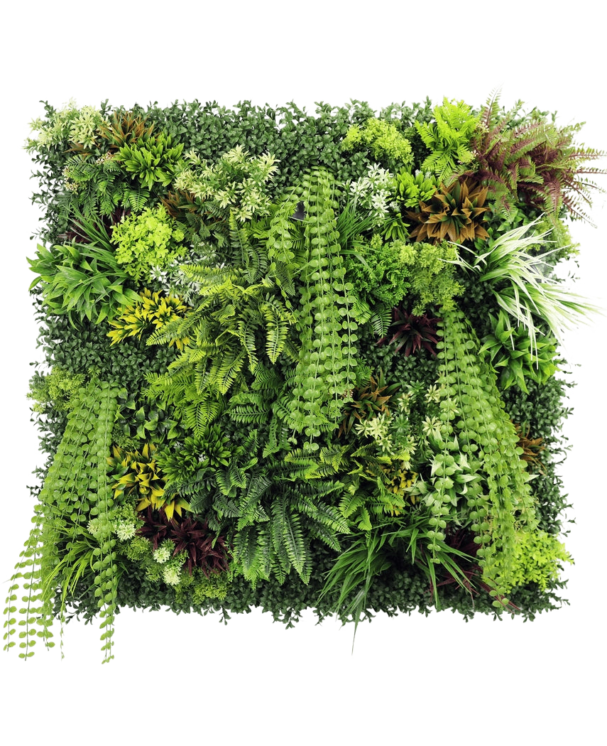 El seto artificial Lush Deco Deluxe 100x100 cm UV es un panel de jardín vertical cuadrado que presenta una vegetación densa y texturizada con una mezcla de plantas de follaje, helechos y pastos, perfecto para crear una exhibición natural vibrante sobre un fondo blanco.
