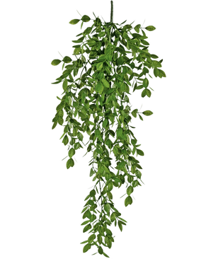 La planta colgante artificial Jasmin 70 cm tiene densos racimos de pequeñas hojas verdes que caen de forma natural y crean un efecto exuberante y drapeado sobre un fondo blanco.