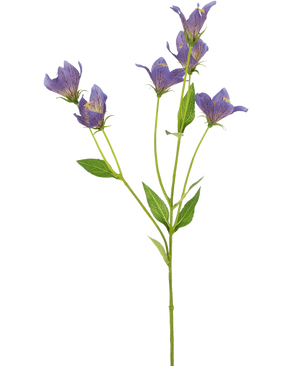 La flor artificial de campanilla de 62 cm violeta tiene un único tallo verde con múltiples ramas, cada una decorada con delicadas flores violetas y hojas verdes, sobre un fondo blanco liso.