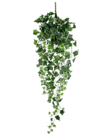 La hiedra artificial 70 cm verde/blanco es una planta de hiedra artificial colgante con exuberantes hojas verdes y blancas en cascada sobre tallos largos, sobre un fondo blanco liso.