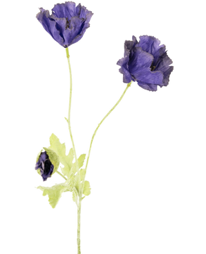 La flor artificial de amapola de 73 cm tiene tres delicadas flores de color violeta, dos abiertas y una parcialmente cerrada, con tallos y hojas de color verde claro, sobre un fondo blanco liso.