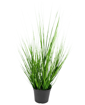 La Planta de Césped Artificial Cebolla ignífuga de 48 cm es una pequeña maceta de plástico negro con hojas largas, finas y de un verde vibrante que parecen hierba sobre un fondo blanco liso.