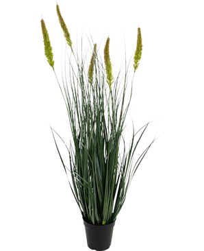 La maceta de césped artificial con retardante de fuego de 90 cm es una planta de césped artificial en maceta con hojas verdes largas y delgadas y múltiples cabezas de semillas altas de color amarillo verdoso sobre un fondo blanco liso.