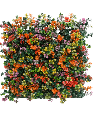 El seto artificial Pachysandra multicolor 50x50 cm UV es un panel cuadrado con densas hojas verdes artificiales y pequeñas flores de color naranja, rosa, amarillo y violeta para crear un efecto de jardín vertical colorido y animado.