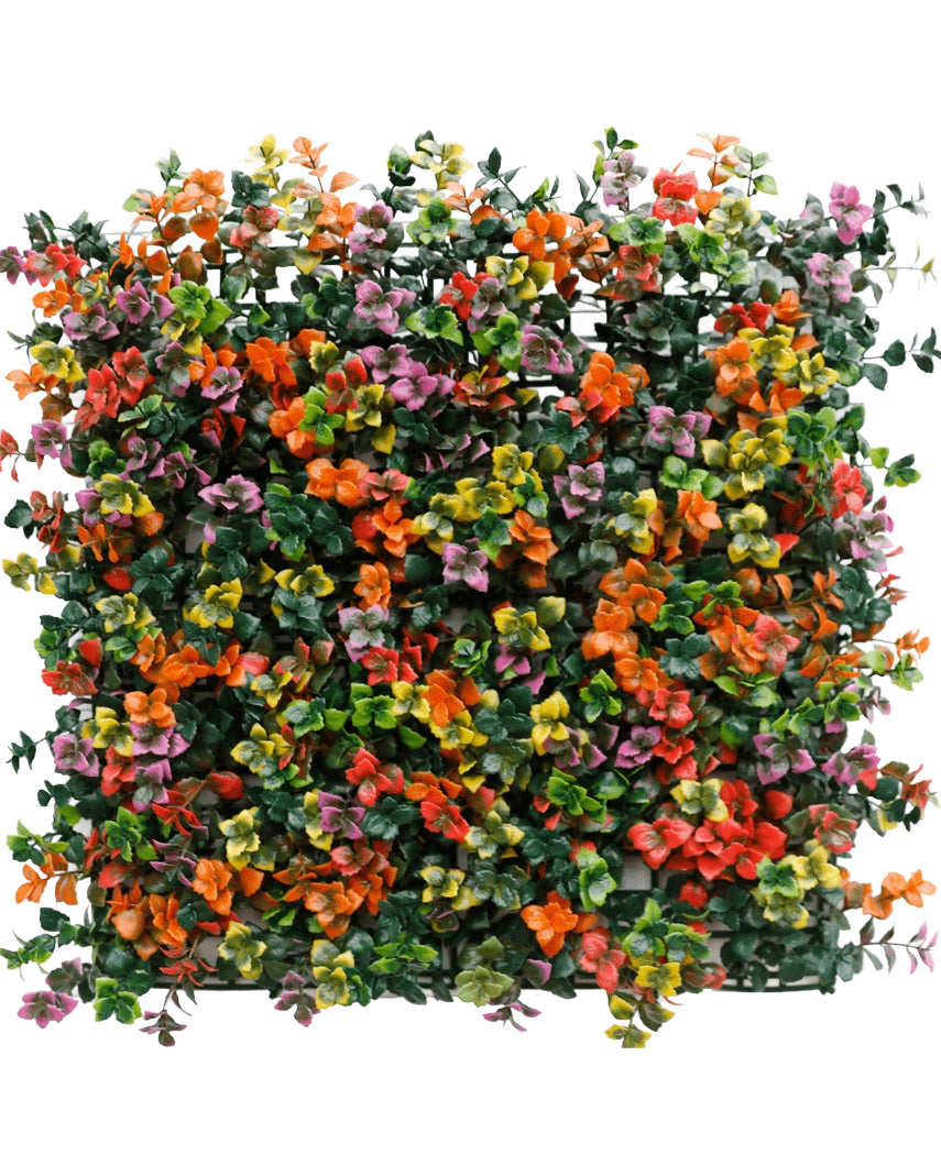 El seto artificial Pachysandra multicolor 50x50 cm UV es un panel cuadrado con densas hojas verdes artificiales y pequeñas flores de color naranja, rosa, amarillo y violeta para crear un efecto de jardín vertical colorido y animado.