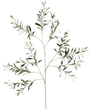 La rama de olivo artificial de 109 cm tiene varios tallos delgados con hojas pequeñas y alargadas de color verde sobre un fondo blanco liso.