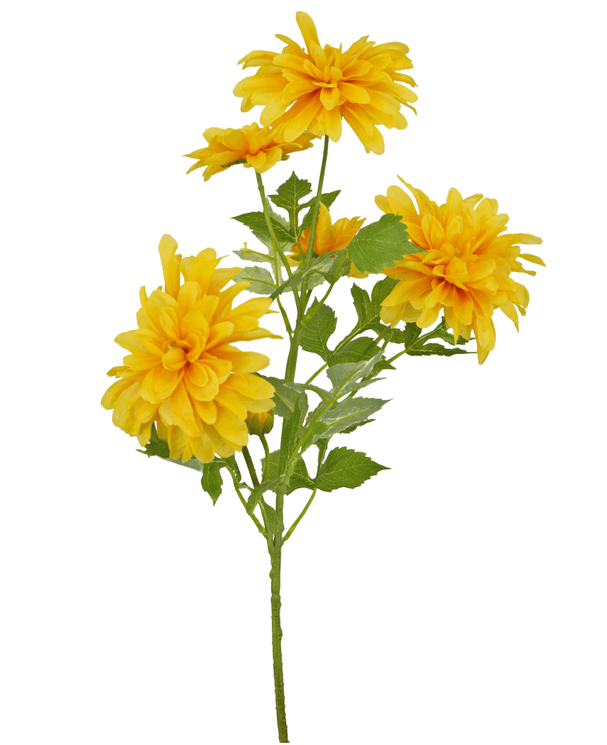 Una sola flor artificial Dalia de color naranja con tallo de 60 cm y hojas verdes sobre un fondo blanco.
