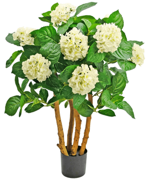La Hortensia Artificial UV 85 cm blanca es una planta artificial en maceta con robustos tallos marrones, grandes hojas verdes y ramilletes de flores blancas tipo hortensias en la parte superior.