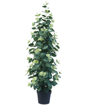 La Planta Artificial Eucalipto de 76 cm es una planta de eucalipto artificial alta y exuberante con hojas verdes redondas en una maceta negra, sobre un fondo blanco liso.