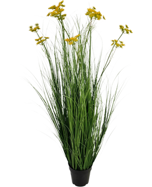 La maceta de hierba artificial con raíz de hierba y cebolla de 120 cm es una planta artificial ignífuga en una maceta con largas hojas verdes parecidas a la hierba y racimos de pequeñas flores amarillas, aisladas sobre un fondo blanco.