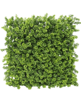 El musgo artificial para setos 50x50 cm UV es un denso panel cuadrado de follaje verde artificial con pequeñas ramas de hojas, representado desde arriba sobre un fondo blanco.