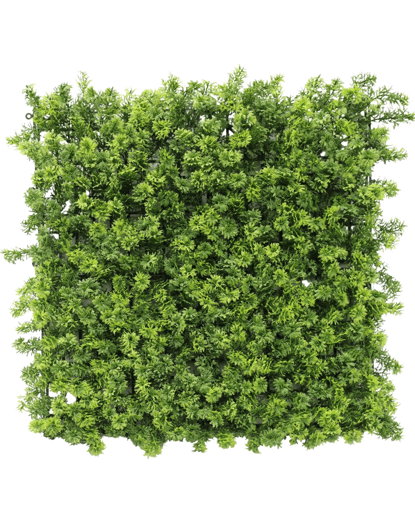 El musgo artificial para setos 50x50 cm UV es un denso panel cuadrado de follaje verde artificial con pequeñas ramas de hojas, representado desde arriba sobre un fondo blanco.
