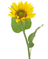 El Girasol Artificial Deluxe 52 cm es un girasol artificial con pétalos de color amarillo brillante, un corazón marrón oscuro y hojas verdes sobre un tallo largo, fotografiado sobre un fondo blanco liso.