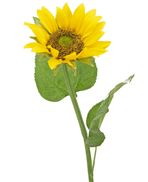 El Girasol Artificial Deluxe 52 cm es un girasol artificial con pétalos de color amarillo brillante, un corazón marrón oscuro y hojas verdes sobre un tallo largo, fotografiado sobre un fondo blanco liso.