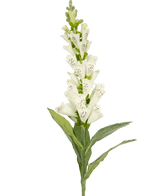 La flor artificial Dedalera de 90 cm blanca tiene hojas verdes y flores tubulares blancas con lunares, ideal para una decoración lujosa o como acento llamativo en un ramo de flores artificiales.