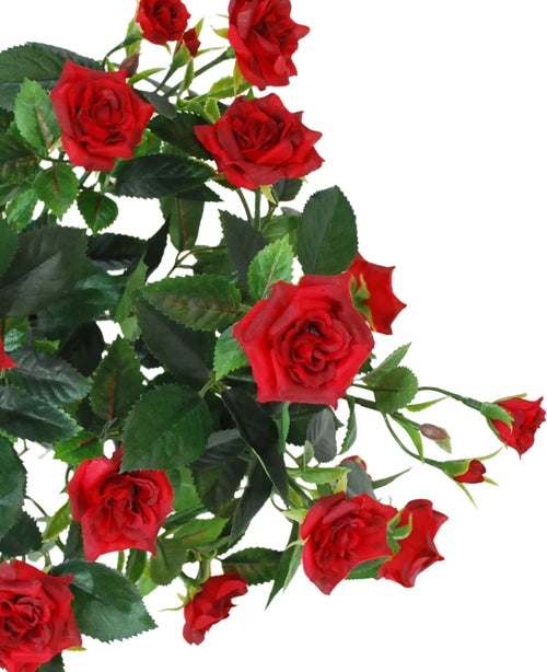 Una planta artificial de rosas para patio, de 35 cm, en rojo/negro, que presenta rosas rojas vibrantes y realistas con hojas verdes en tallos, sobre un fondo blanco.
