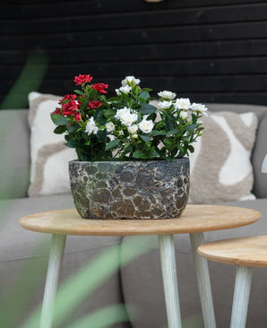 Una planta artificial de jardín rosa de 35 cm color crema UV se encuentra sobre una mesa redonda de madera frente a un sofá beige con cojines estampados.