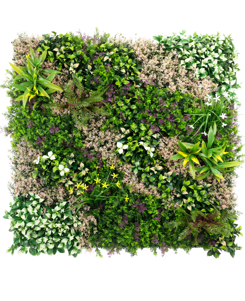El Seto Artificial Pinky Love 100x100 cm UV es un jardín vertical cuadrado con una densa mezcla de hojas verdes con toques rosas, dispuestas en un patrón natural sobre un fondo blanco.