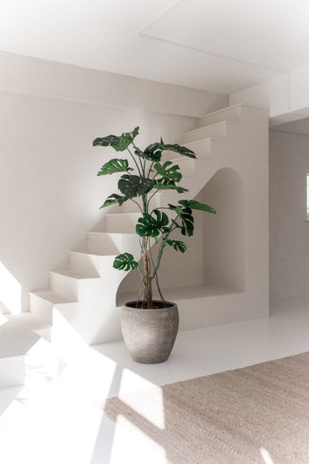 La Planta Artificial Monstera de 210 cm, con amplias hojas verdes, se alza sobre un suelo blanco en una habitación luminosa y minimalista con paredes blancas, una escalera y luz natural.