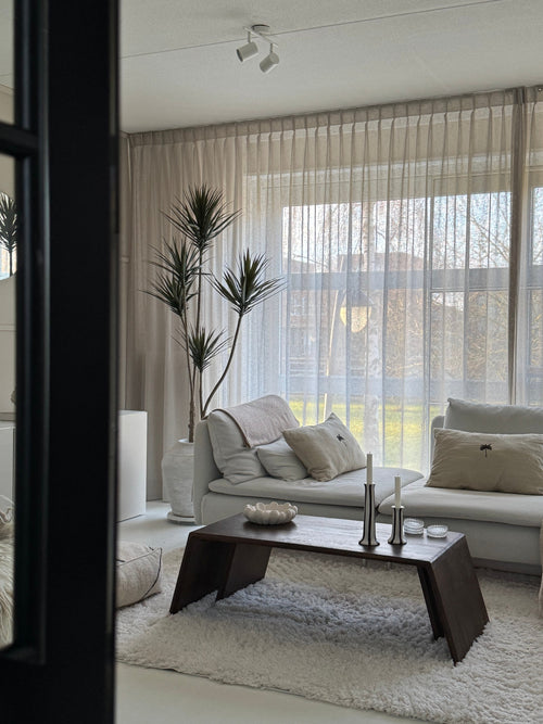 Un salón moderno con grandes ventanales, cortinas transparentes, un sofá blanco con cojines, una mesa de centro de madera oscura con velas y decoración, la planta en maceta Artificial Dracaena Fragnans de 180 cm y una mullida alfombra blanca. La suave luz natural llena la habitación.