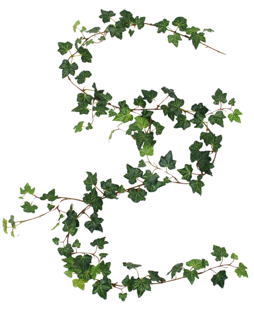 Una planta colgante artificial Ivy garland deluxe de 180 cm, verde, está envuelta en forma de S sobre un fondo blanco.