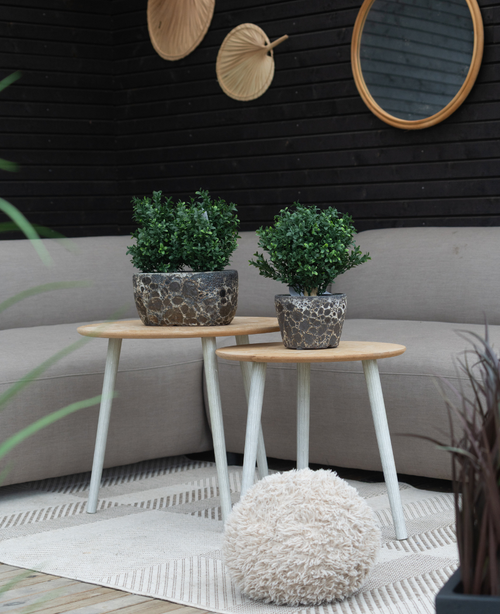 Dos pequeñas mesas redondas de madera con Planta Artificial Boj estilo romano UV 36cm se encuentran sobre una alfombra estampada frente a un sofá beige. Un espejo redondo y abanicos decorativos cuelgan de una pared de madera oscura detrás, con una otomana beige esponjosa sobre la alfombra.