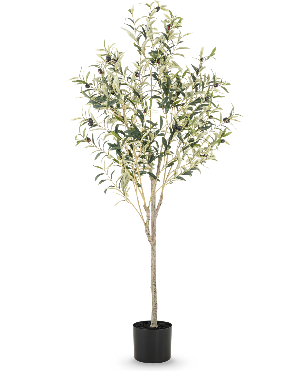 El Olivo Artificial 150 cm tiene ramas esbeltas y hojas verdes con pequeñas aceitunas negras en una sencilla maceta negra, ideal para añadir un ambiente mediterráneo a cualquier estancia.
