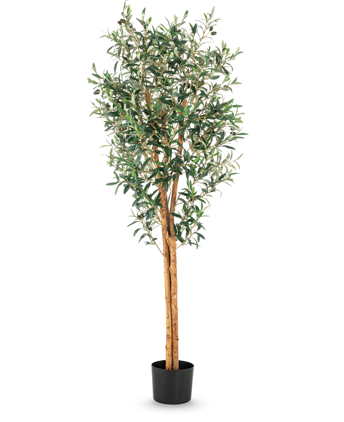 El Olivo artificial UV 160 cm es un olivo artificial alto con ramas esbeltas, hojas verdes y un tronco con una estructura realista en una sencilla maceta negra sobre un fondo blanco.