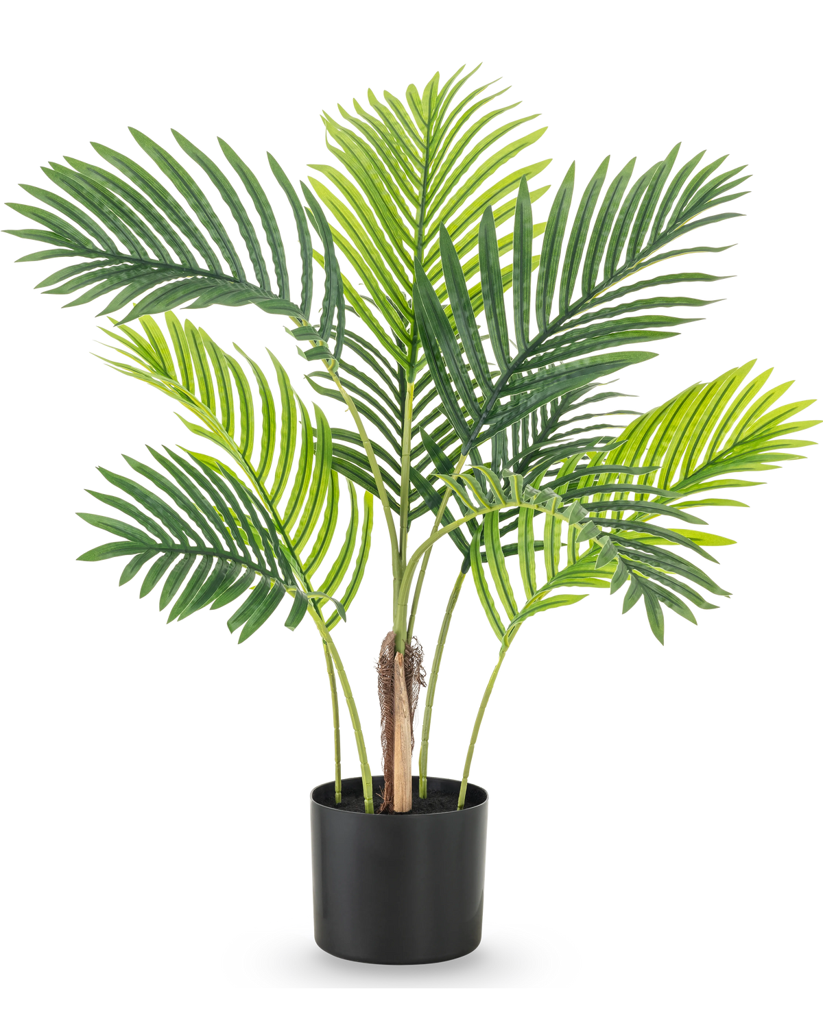 La Planta Artificial Fénix de 85 cm tiene varias hojas altas de palmera verde y se presenta en una sencilla maceta negra, perfecta sobre un fondo blanco.