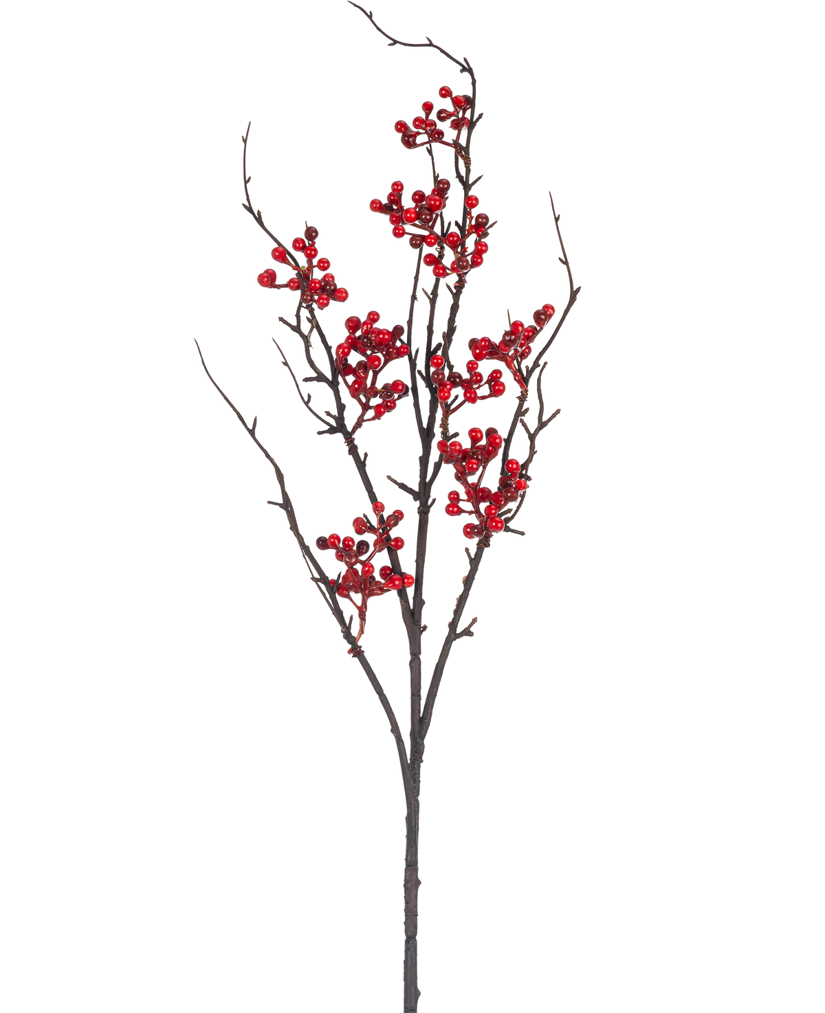 La rama artificial de bayas de 93 cm de color rojo tiene una rama marrón desnuda con múltiples retoños y racimos de bayas de color rojo brillante sobre un fondo blanco liso.