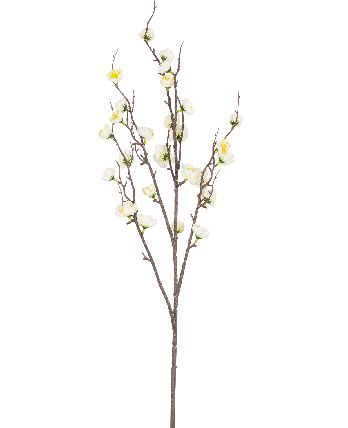 La Flor de Cerezo Japonés Artificial 94 cm blanca tiene una única rama marrón con múltiples brotes finos y pequeñas flores de cerezo artificiales blancas, sobre un fondo blanco liso.