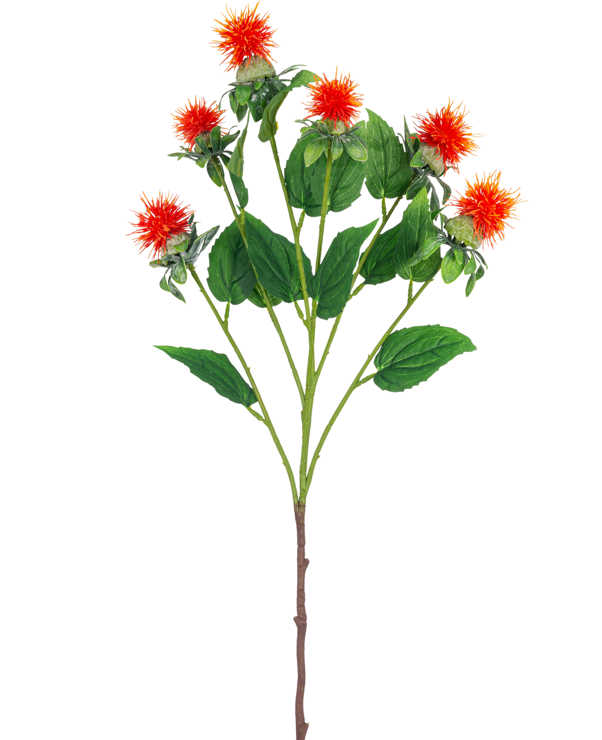 La flor artificial Cártamo de 79 cm naranja tiene un solo tallo con múltiples ramas, cada una con tenues flores de color rojo anaranjado y amarillo con hojas verdes, sobre un fondo blanco.