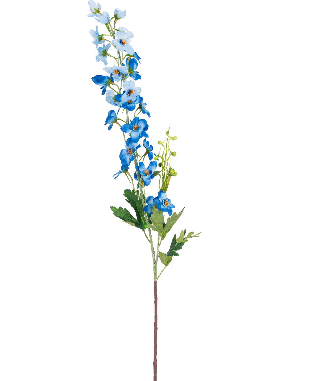 La Flor Artificial Delphinium 79 cm azul tiene un único tallo largo con flores azules en racimos y hojas verdes sobre un fondo blanco. Las flores varían de un azul claro a un azul intenso a lo largo de la parte superior del tallo.