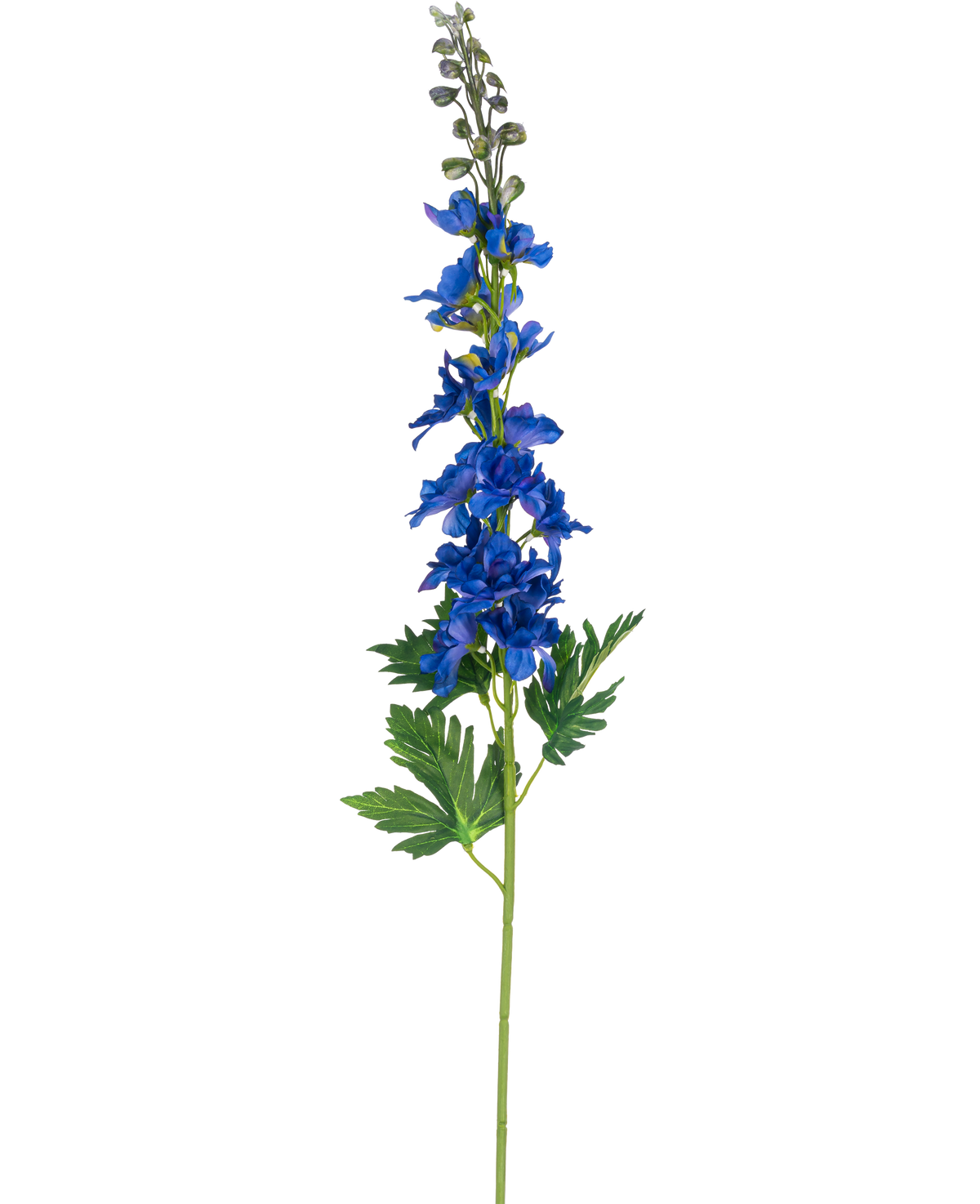 Un solo tallo Flor artificial Delphinium de 79 cm de color azul con flores azules y hojas verdes divididas, sobre un fondo liso blanco.