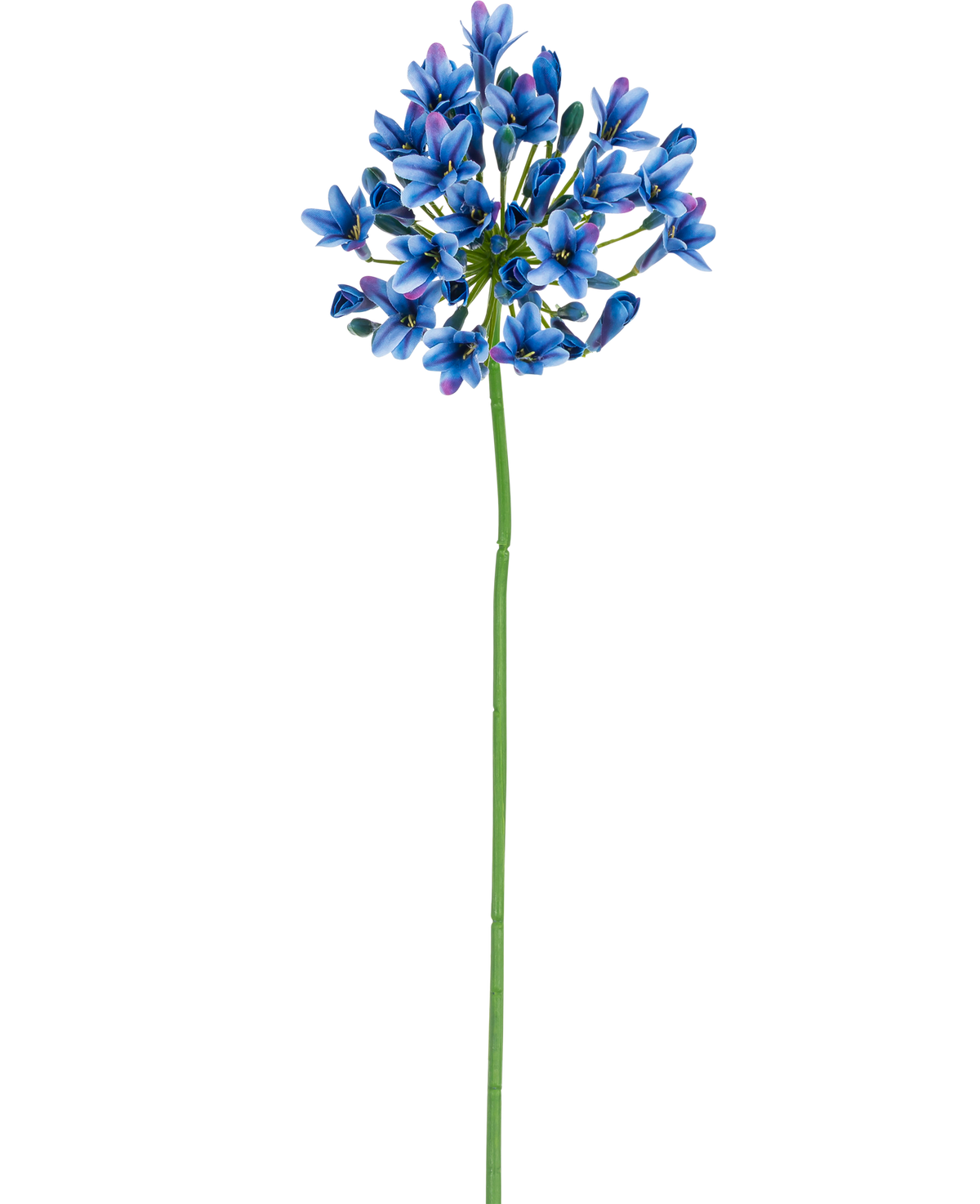 La flor artificial Agapanthus 77 cm azul tiene un largo tallo verde con un ramo de vibrantes flores azules y violetas sobre un fondo blanco liso.