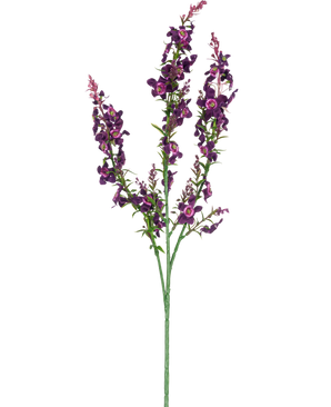 De Kunstbloem Catnip 75 cm roze is een enkele kunststengel met drie takken roze en paarse bloemen en groene bladeren, geïsoleerd afgebeeld op een witte achtergrond.
