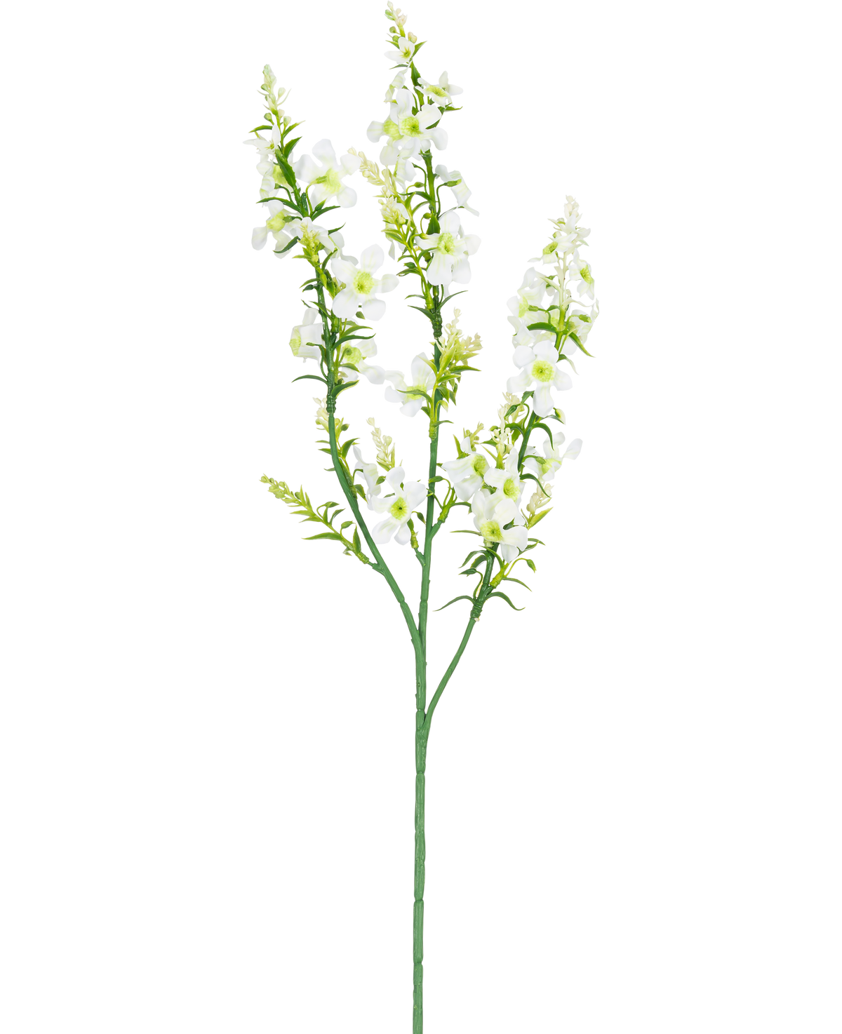 La Flor Artificial Catnip 75 cm blanca tiene un único tallo verde con múltiples ramas de pequeñas flores blancas y cogollos de color amarillo verdoso, aislados sobre un fondo blanco.