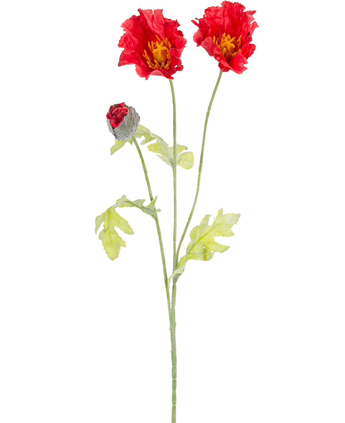 La flor artificial de amapola de 73 cm roja tiene un único tallo verde con dos flores de amapola rojas abiertas, un capullo rojo parcialmente cerrado y hojas de color verde claro, todo ello sobre un fondo blanco liso.