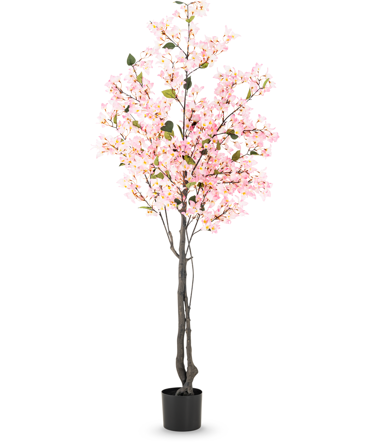 Planta artificial Buganvilla de 180 cm de color rosa con varias ramas llenas de pequeñas flores rosas y hojas verdes en una sencilla maceta negra, sobre un fondo blanco.