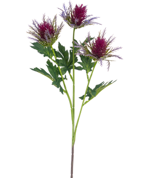 De Kunsttak Distel 67 cm paars heeft een enkele steel met drie stekelige, paarse distelachtige bloemen en grillige groene bladeren tegen een witte achtergrond.