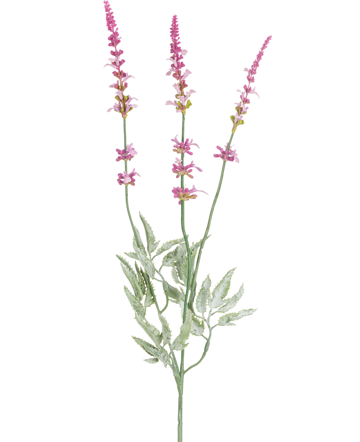 La rama artificial de lavanda de 66 cm violeta tiene un solo tallo con tres espigas altas y delgadas de pequeñas flores violetas y varias hojas verdes dentadas sobre un fondo blanco.